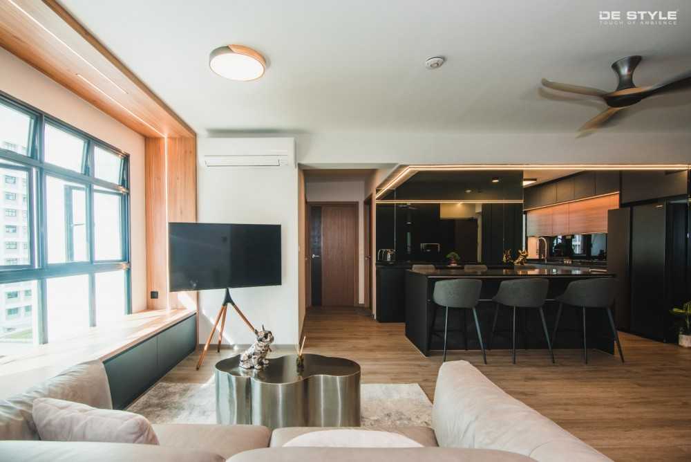 contemporary living room with wood flooring and bay window