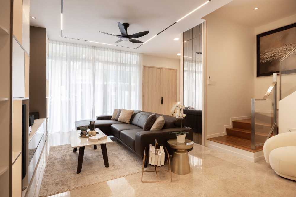 modern living room with tv console and staircase