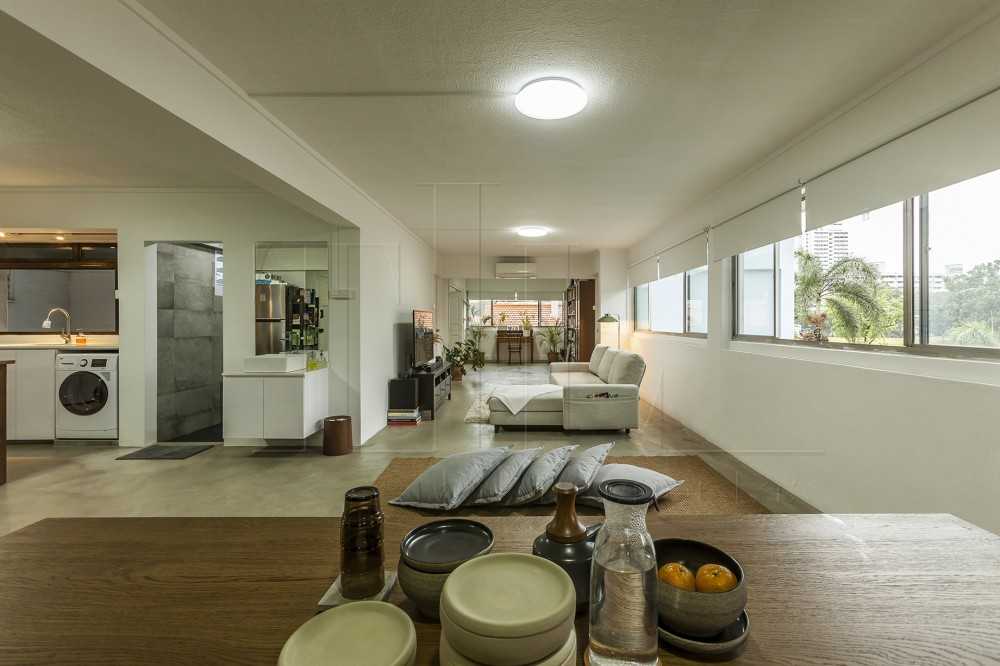 contemporary dining room with bay window and seating bench