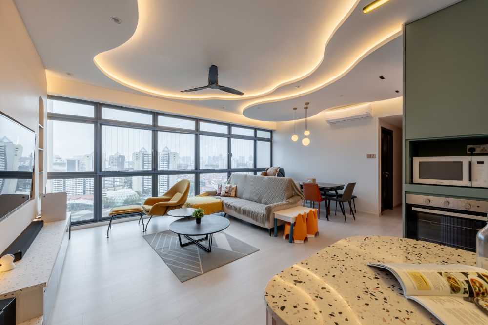 modern living room with tv console and ceiling light