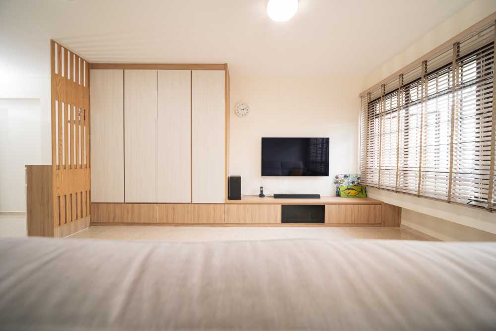 modern living room with vinyl flooring and feature wall