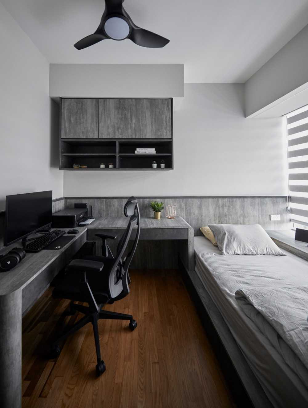 contemporary bedroom with bookshelf and platform bed