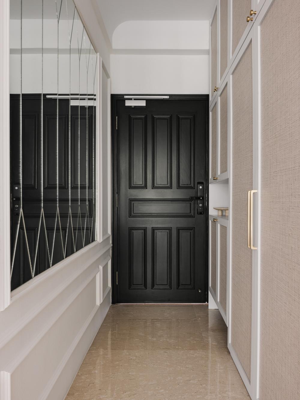 contemporary entryway with mirror and shoe rack