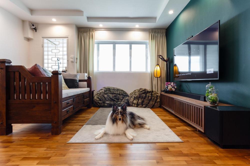 vintage living room with parquet floor and tv console