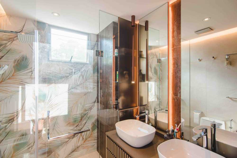 contemporary bathroom with mirror and bathroom mirrors