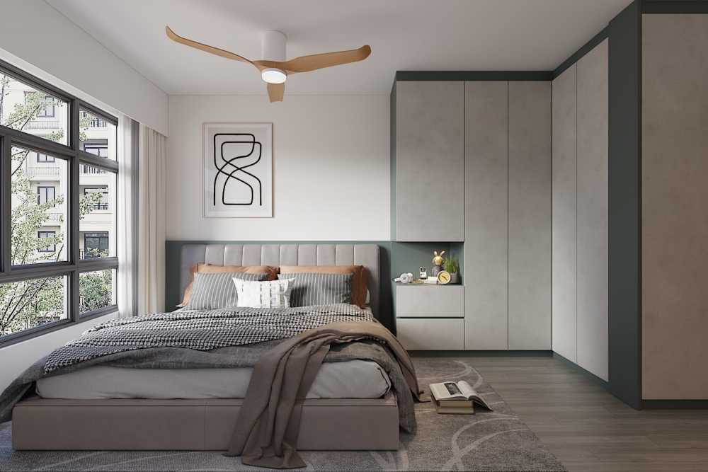 contemporary bedroom with vinyl flooring and wardrobe