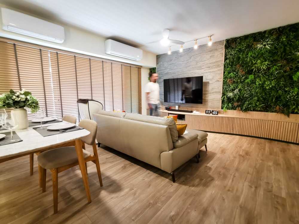 contemporary living room with vinyl flooring and tv console