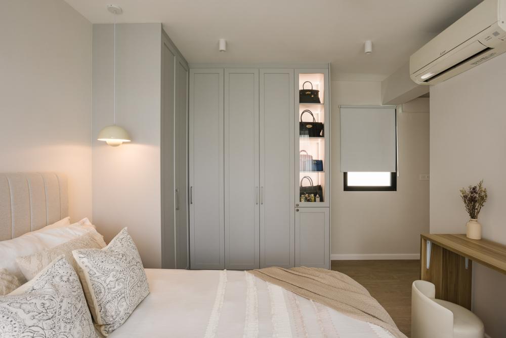 modern bedroom with drop light and wardrobe