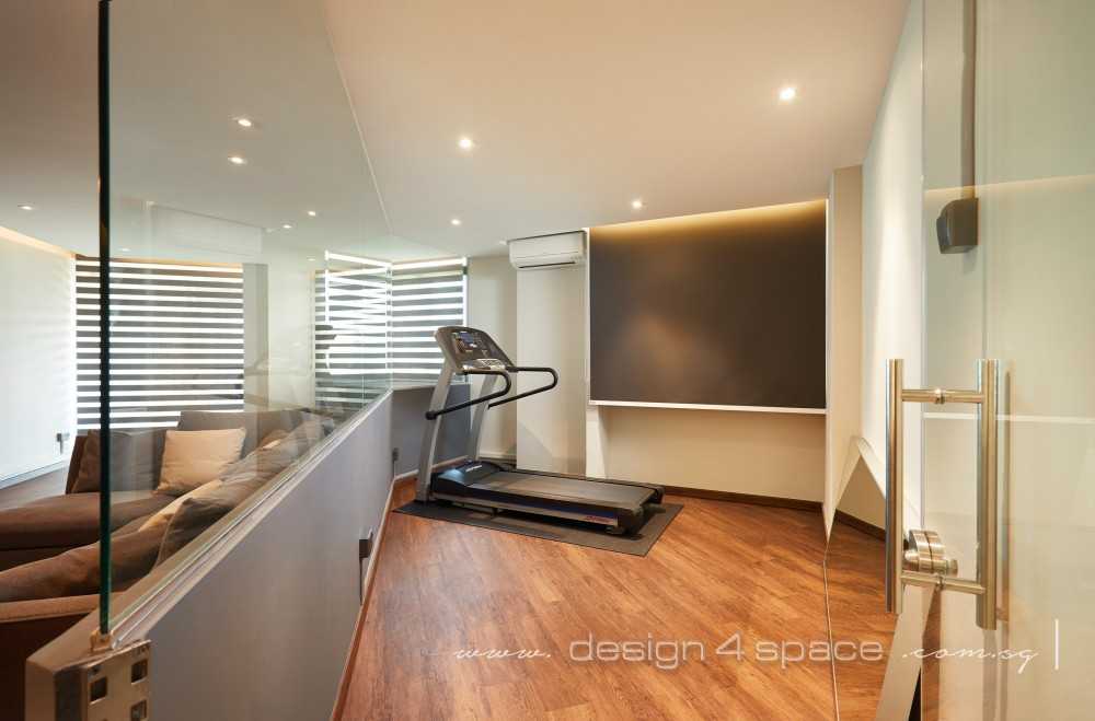 modern home gym with seating bench and storage cabinets