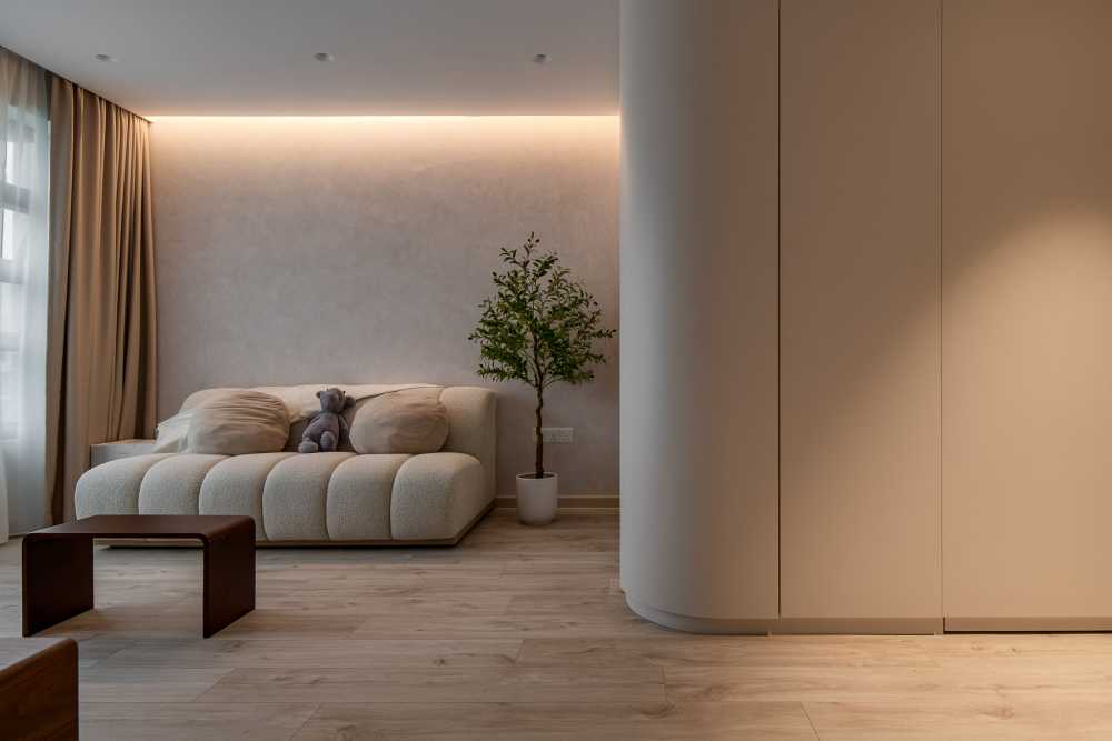 modern living room with vinyl flooring and feature wall