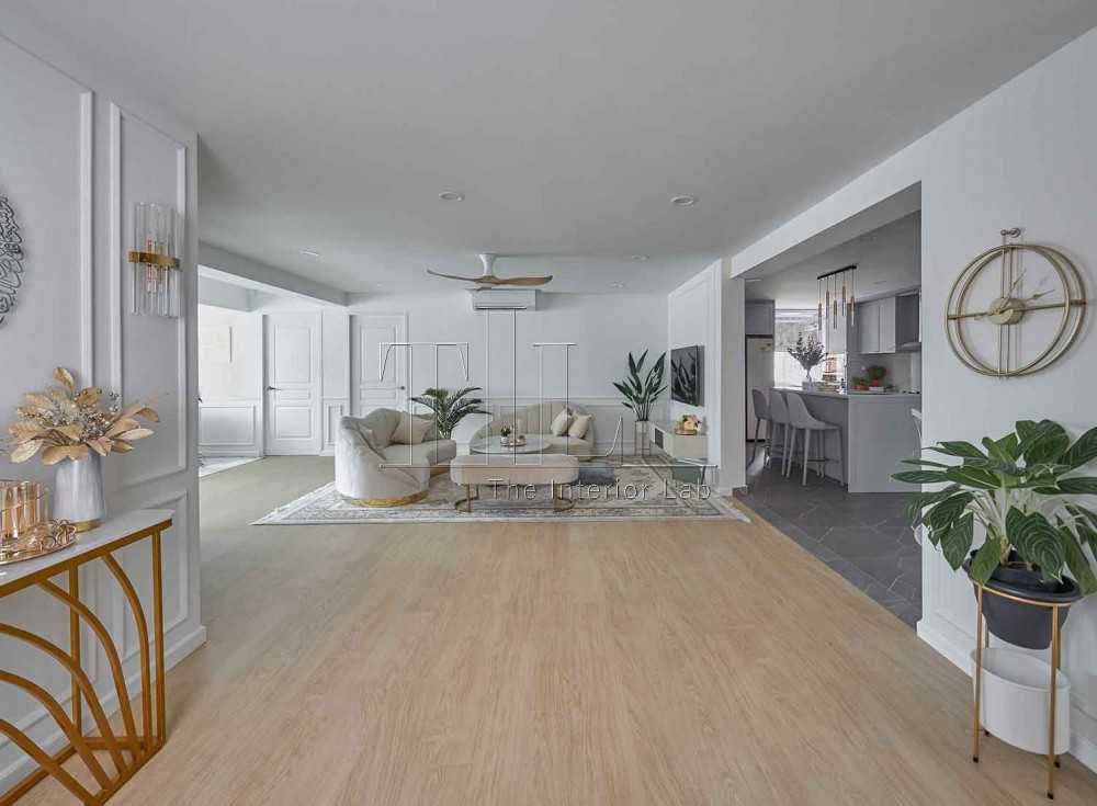 contemporary living room with wood flooring and tv console