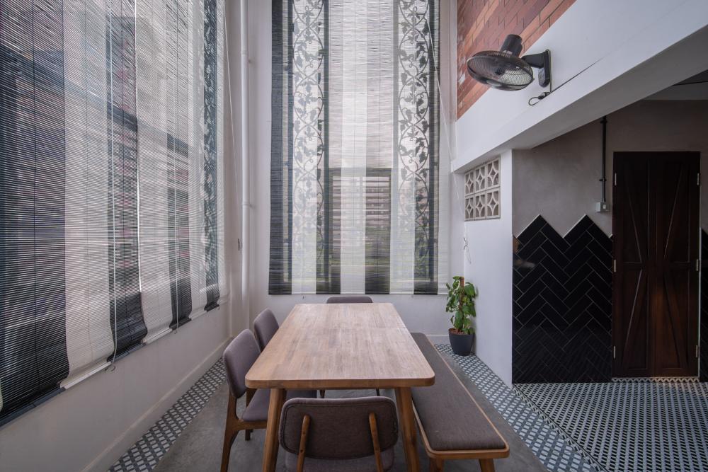 industrial dining room with dining table and dining chairs