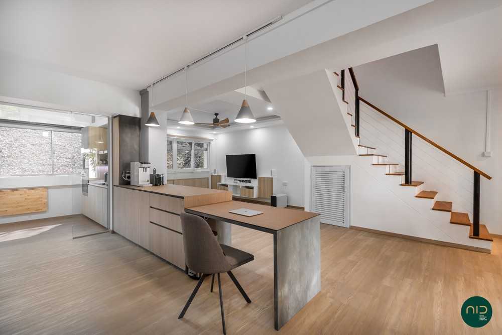 modern dining room with vinyl flooring and storage cabinets