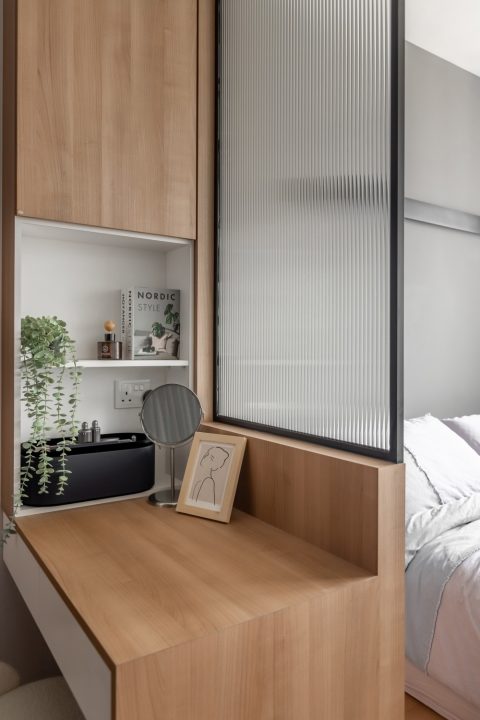 scandinavian bedroom with platform bed and vinyl flooring