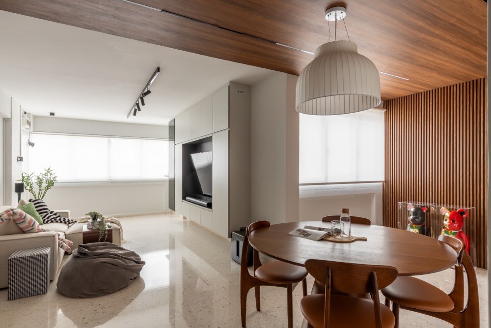 asian living room with feature wall and roller blinds