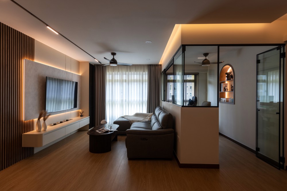 contemporary living room with tv console and feature wall