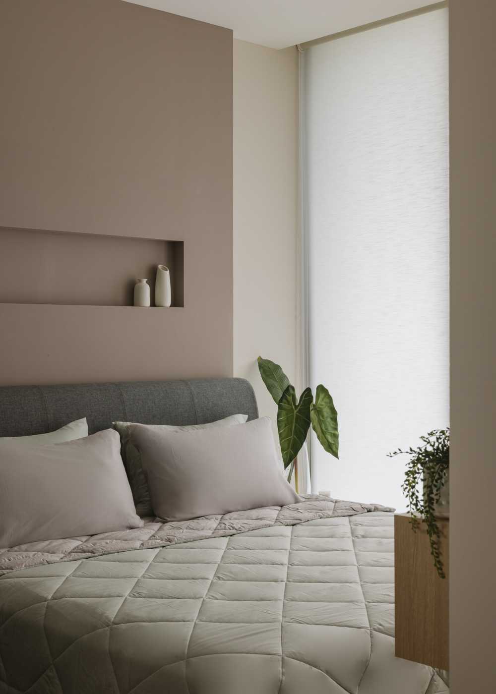 modern bedroom with wardrobe and roller blinds