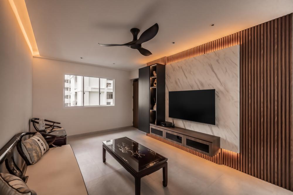 modern living room with homogeneous tiles and herringbone tiling