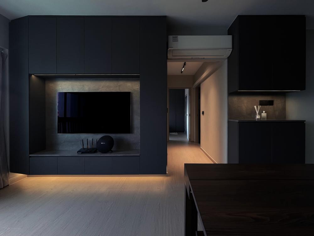 modern living room with wood flooring and tv console