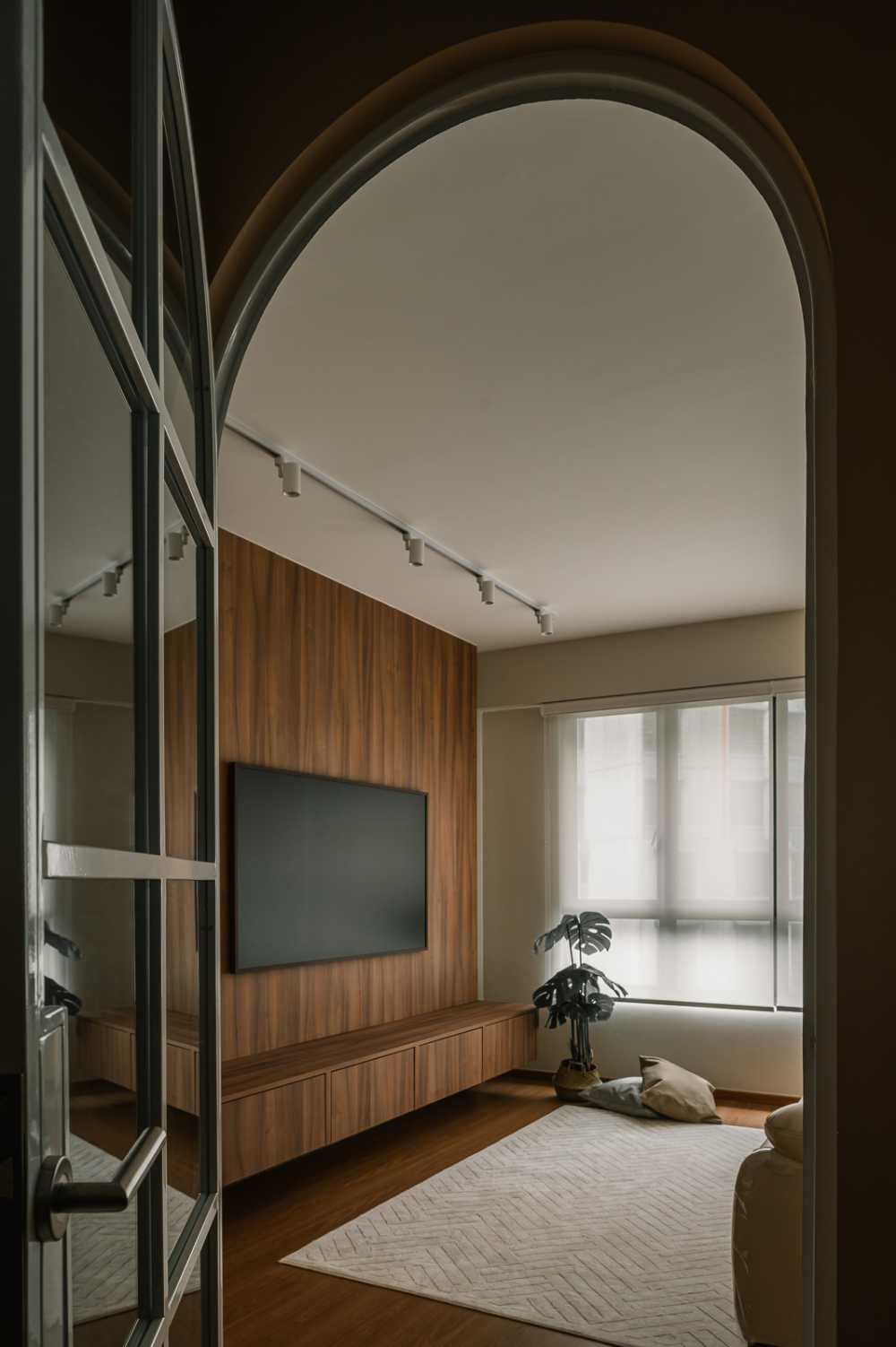 scandinavian living room with roller blinds and tv