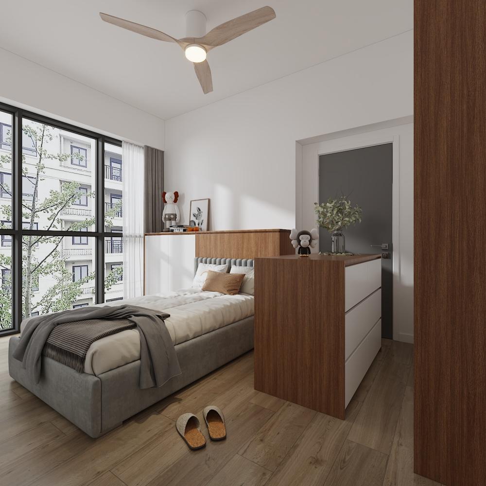 contemporary bedroom with vinyl flooring and wardrobe