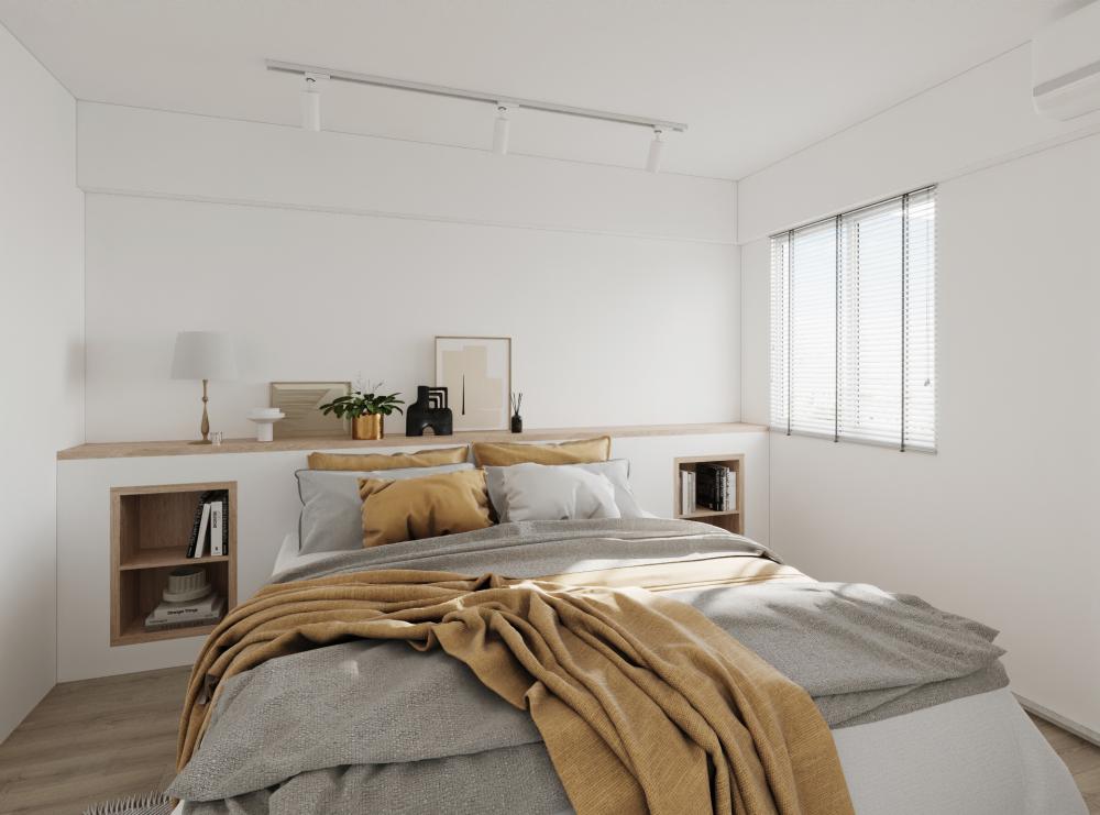 country bedroom with bookshelf and vinyl flooring