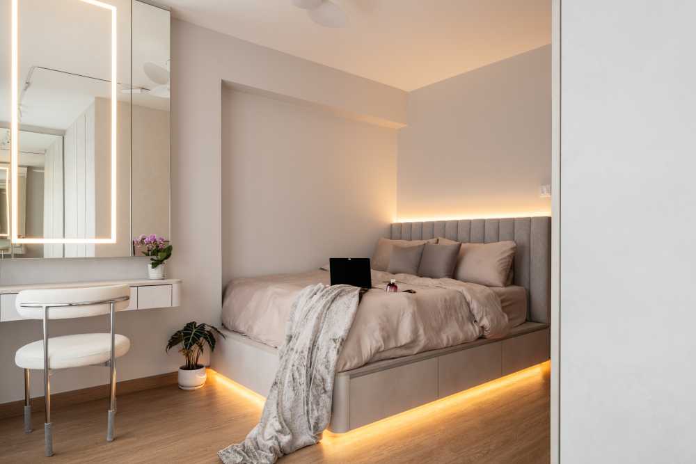 minimalist bedroom with wardrobe and built in bed