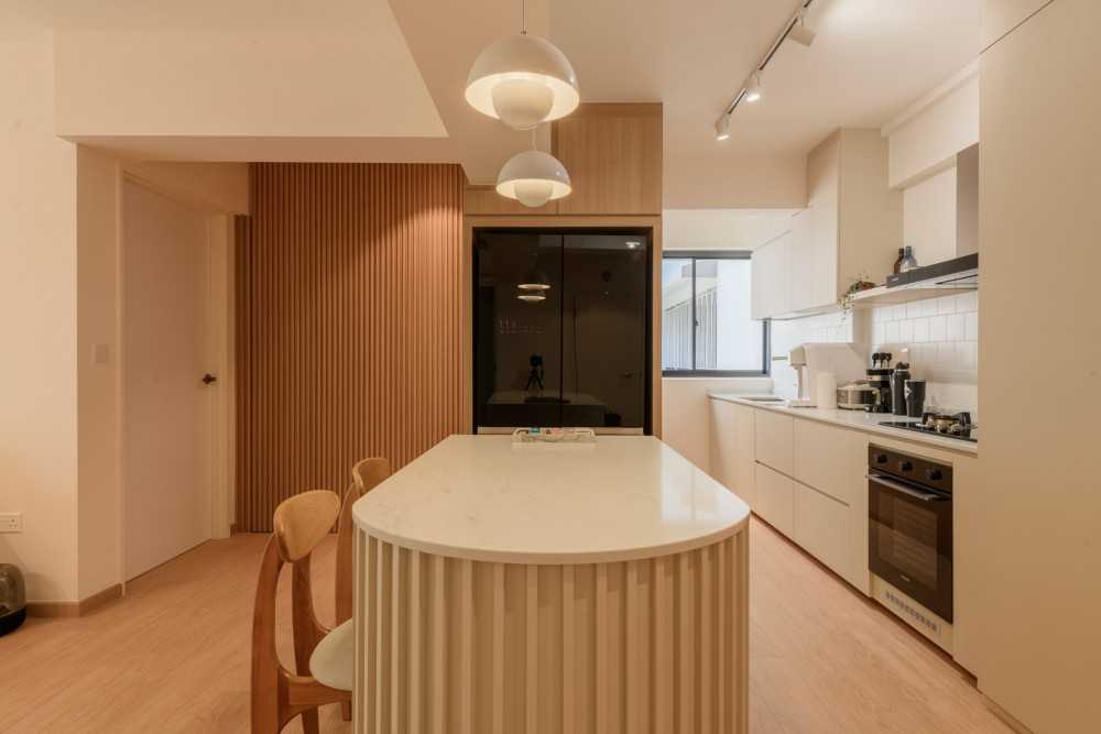 scandinavian living room with countertop and vinyl flooring