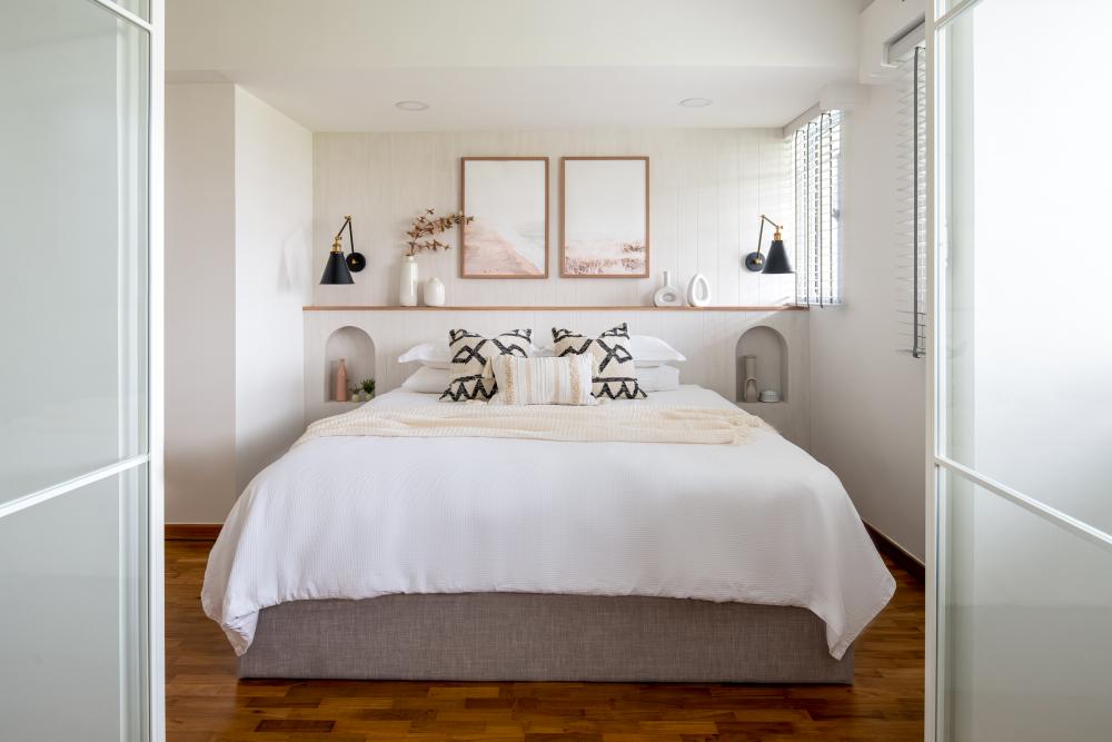 transitional bedroom with parquet floor and wood flooring