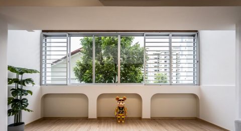 contemporary balcony with bay window and window shutters