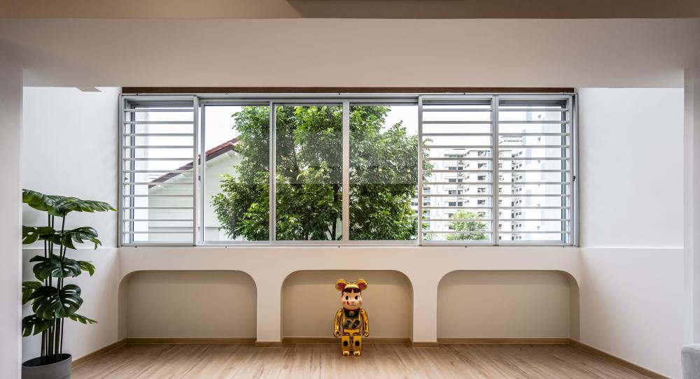 contemporary balcony with bay window and window shutters