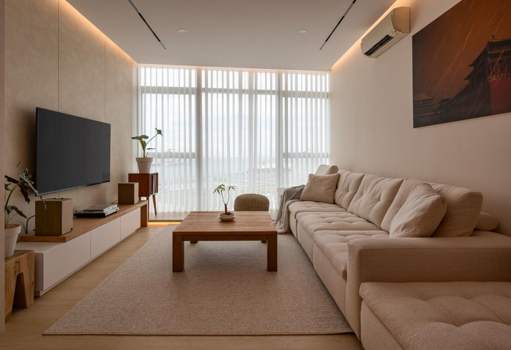 contemporary living room with tv console and feature wall 3