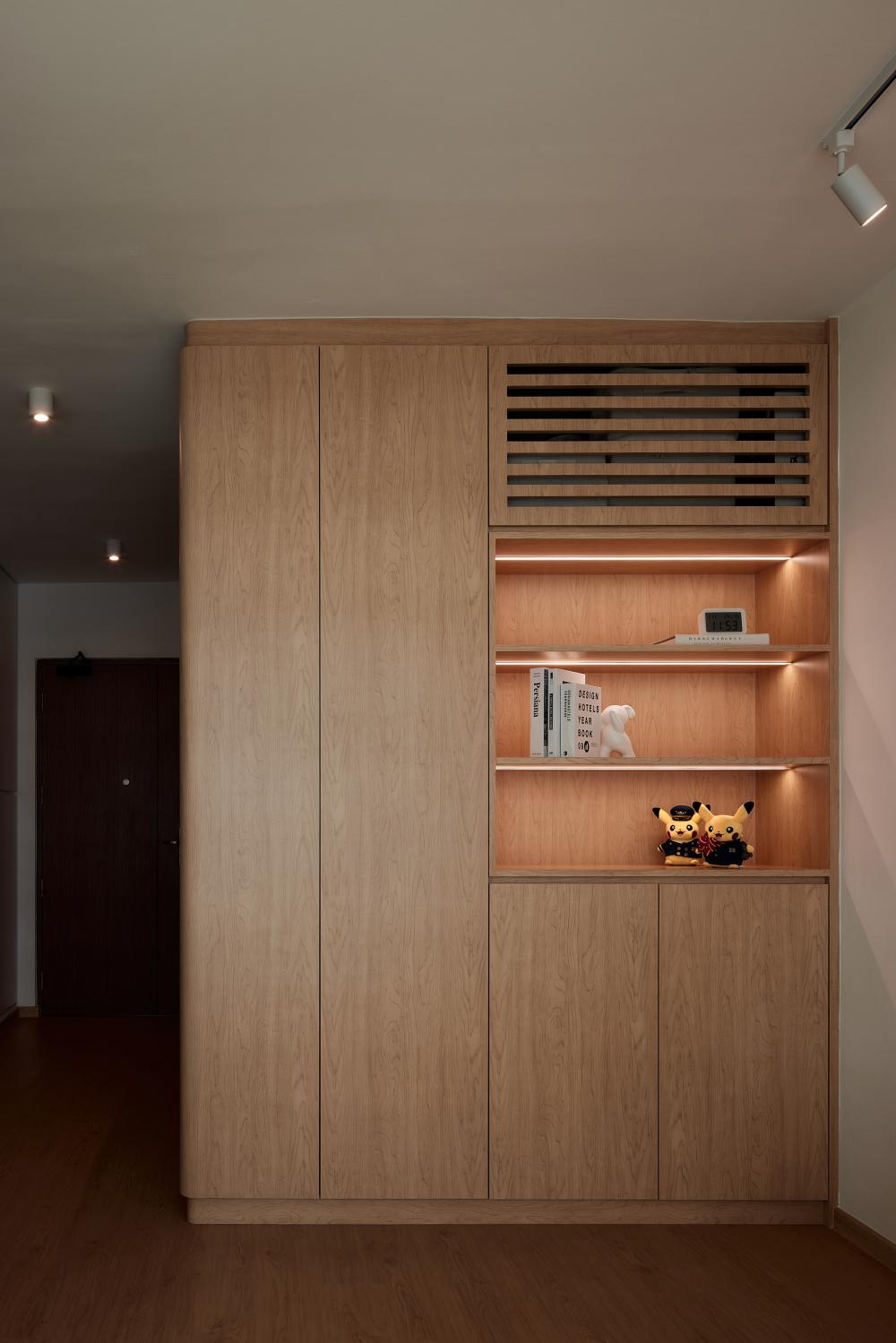 minimalist living room with storage cabinets and display cabinets