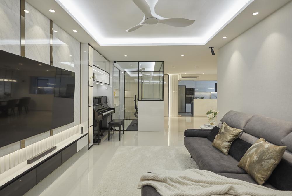 scandinavian living room with granite floor and feature wall