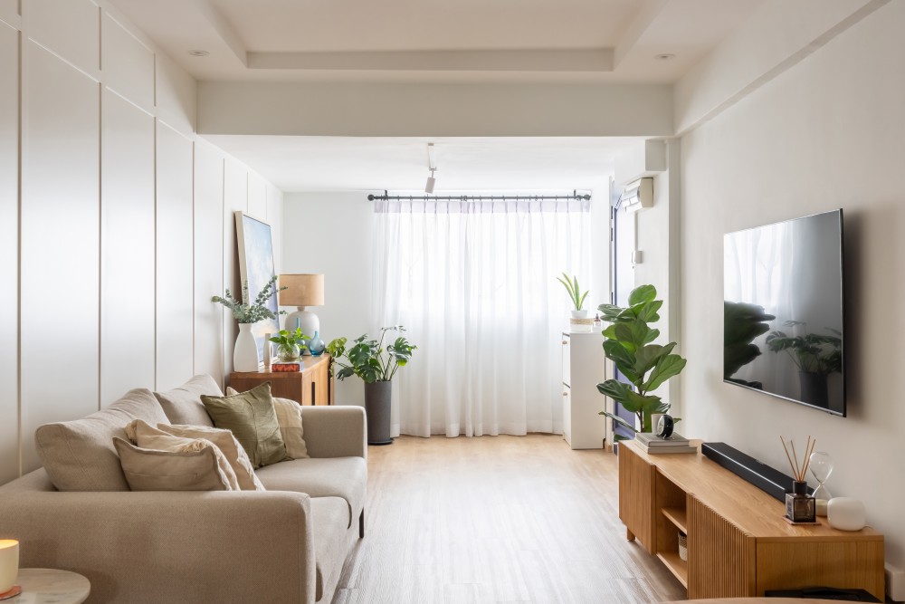 contemporary living room with vinyl flooring and tv console 2