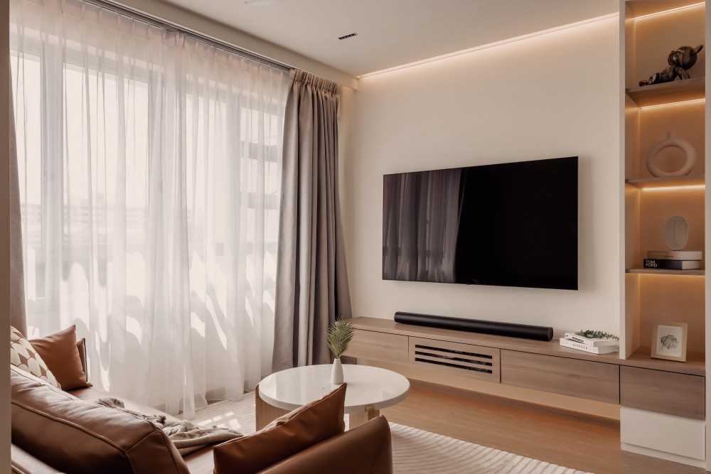 minimalist living room with tv console and display cabinets