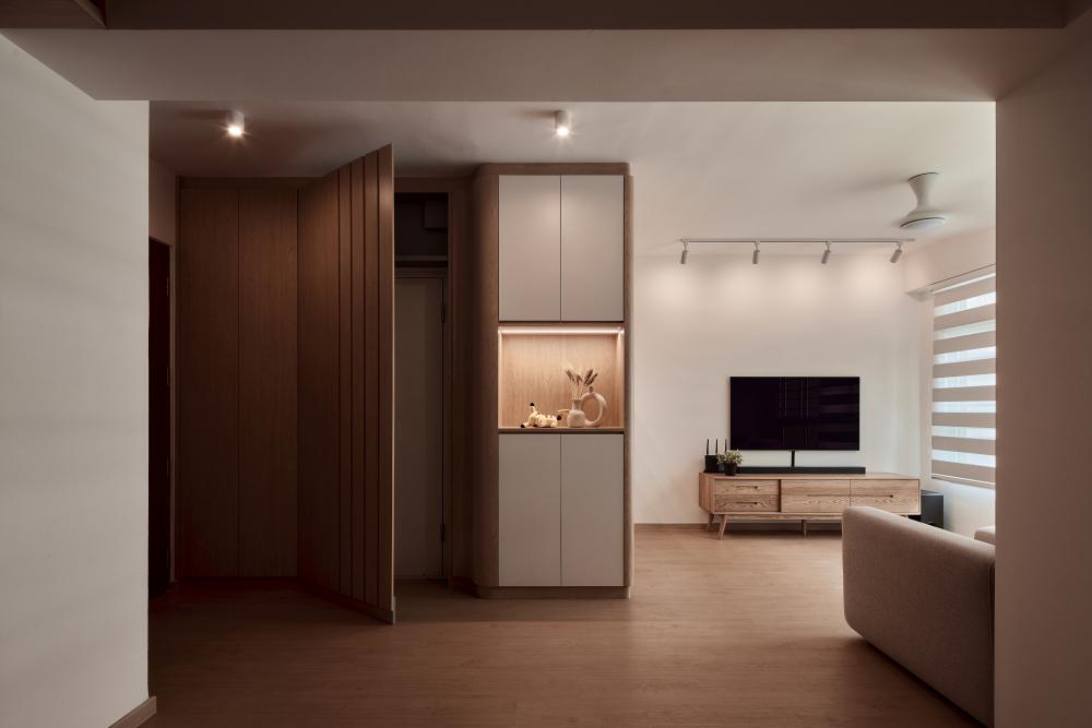 minimalist living room with tv console and storage cabinets