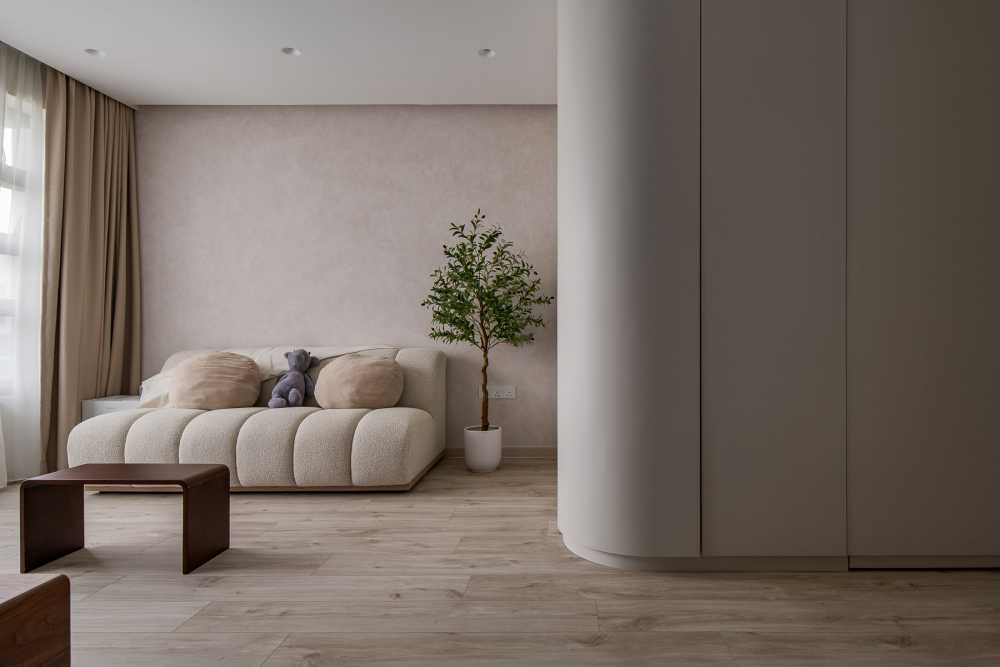 modern living room with vinyl flooring and feature wall