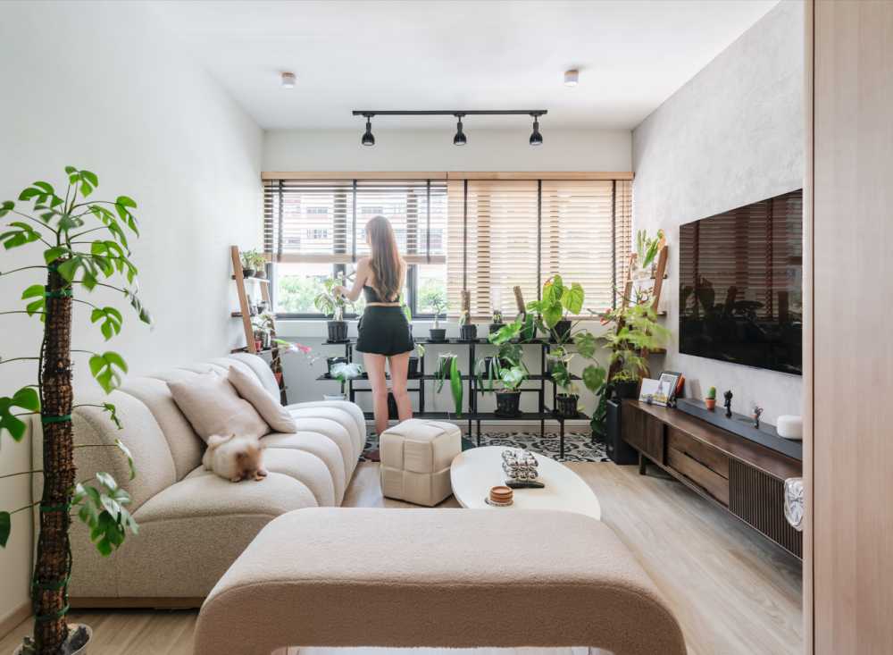 scandinavian living room with tv console and sofa