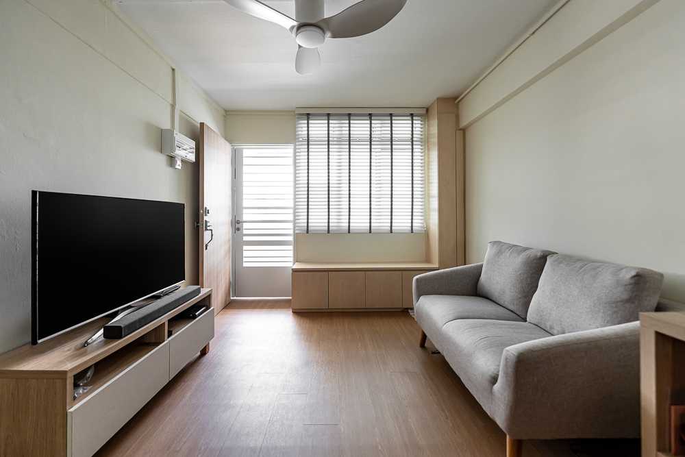 scandinavian living room with vinyl flooring and tv console 2