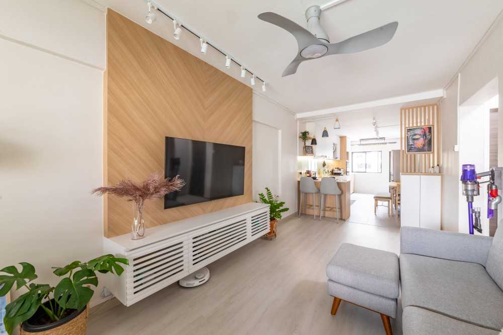 scandinavian living room with vinyl flooring and tv console 3