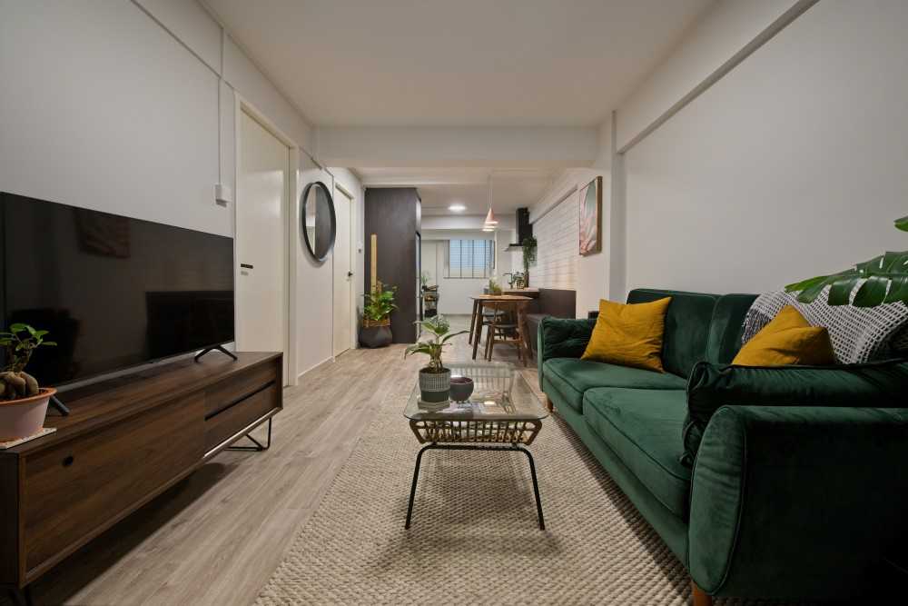 vintage living room with vinyl flooring and tv console